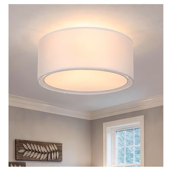 Amazon Other - Amazon 13 Inch White Fabric Linen Flush Mount Ceiling Light 3-Light Double Drum